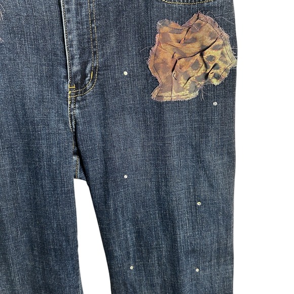 Boho Chic Embellished Denim Jeans Blue Floral Rhinestone Tassel Cuff Women's - Picture 15 of 16